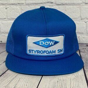 Vintage DOW Styrofoam SM Trucker Hat Mesh Cap K-Brand Sew On Patch Logo Blue